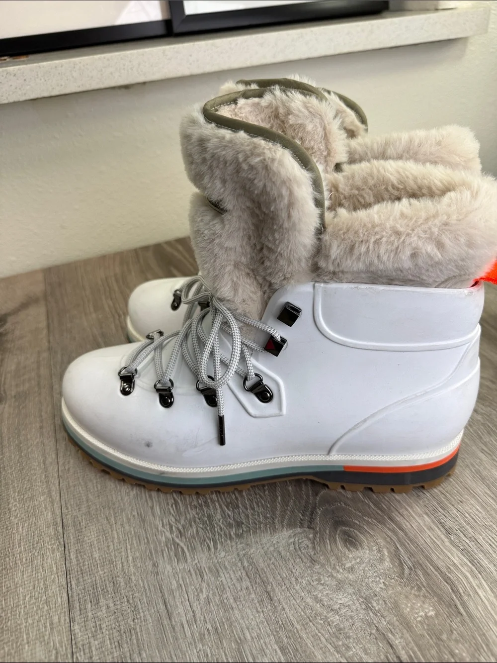 Michael Kors White Faux-Fur Hiking Boots with Orange Accent